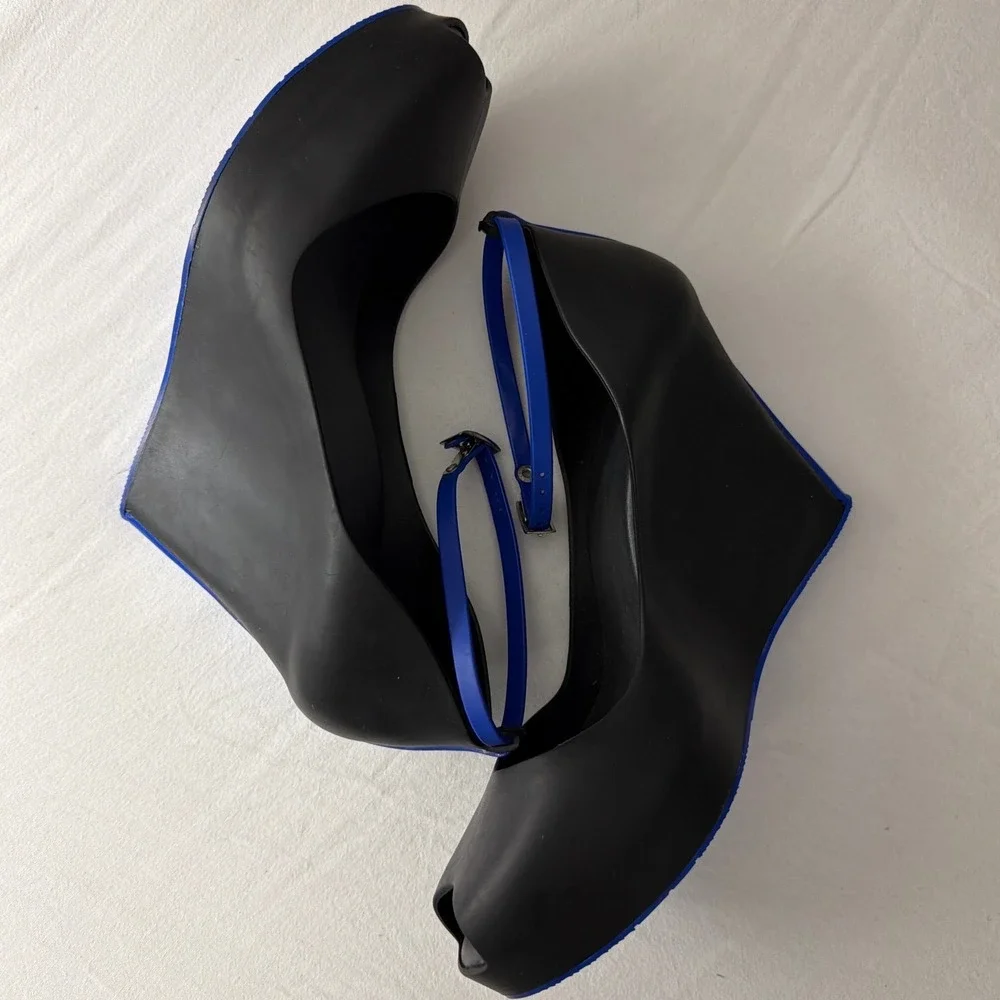 Melissa Patchuli Wedge Heels Black Blue Peep Toe Ankle Strap Jelly Shoes Size 10